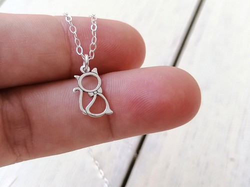Open Cat Necklace Sterling Silver, Small Cat Baby Infant Girl Necklace, Pet Love Gift, Baby Jewelry For Girl, Cat Lover Gift Jewelry